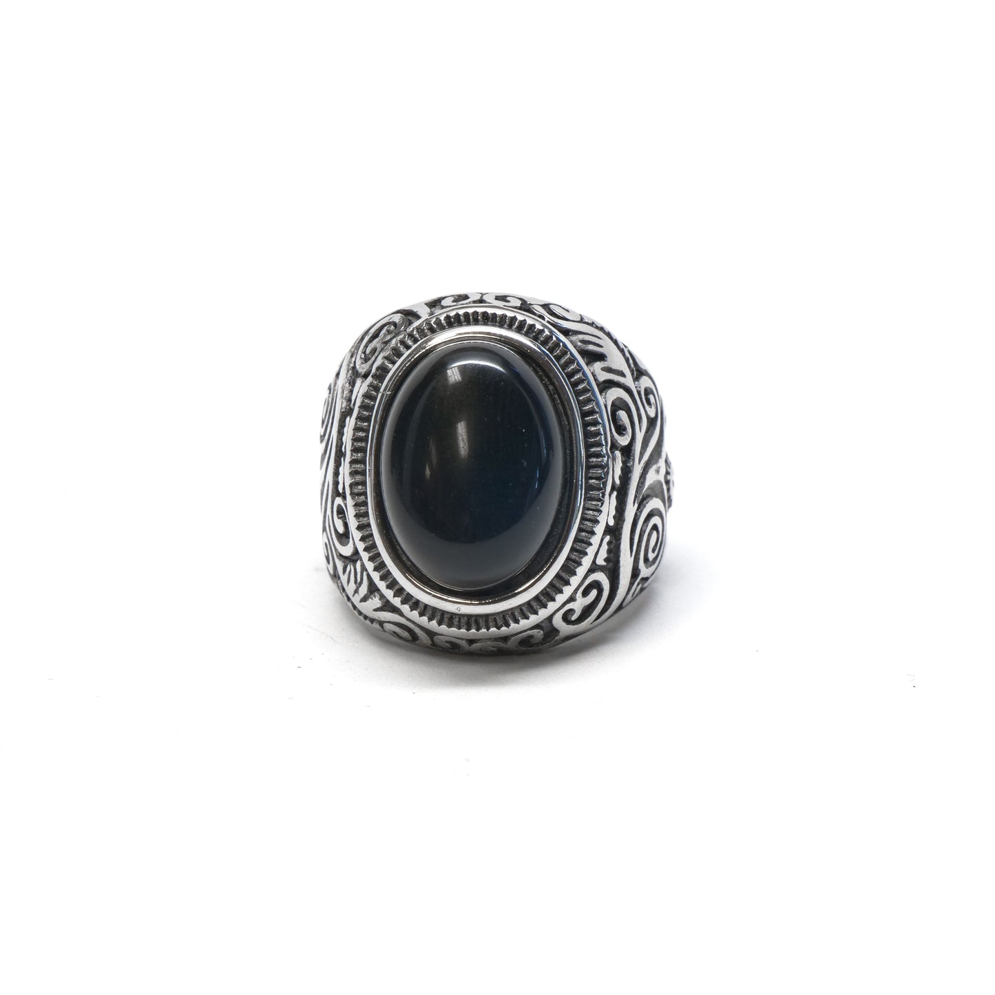 //Style 677S-S// 316L Stainless Engraved Black Onyx Ring