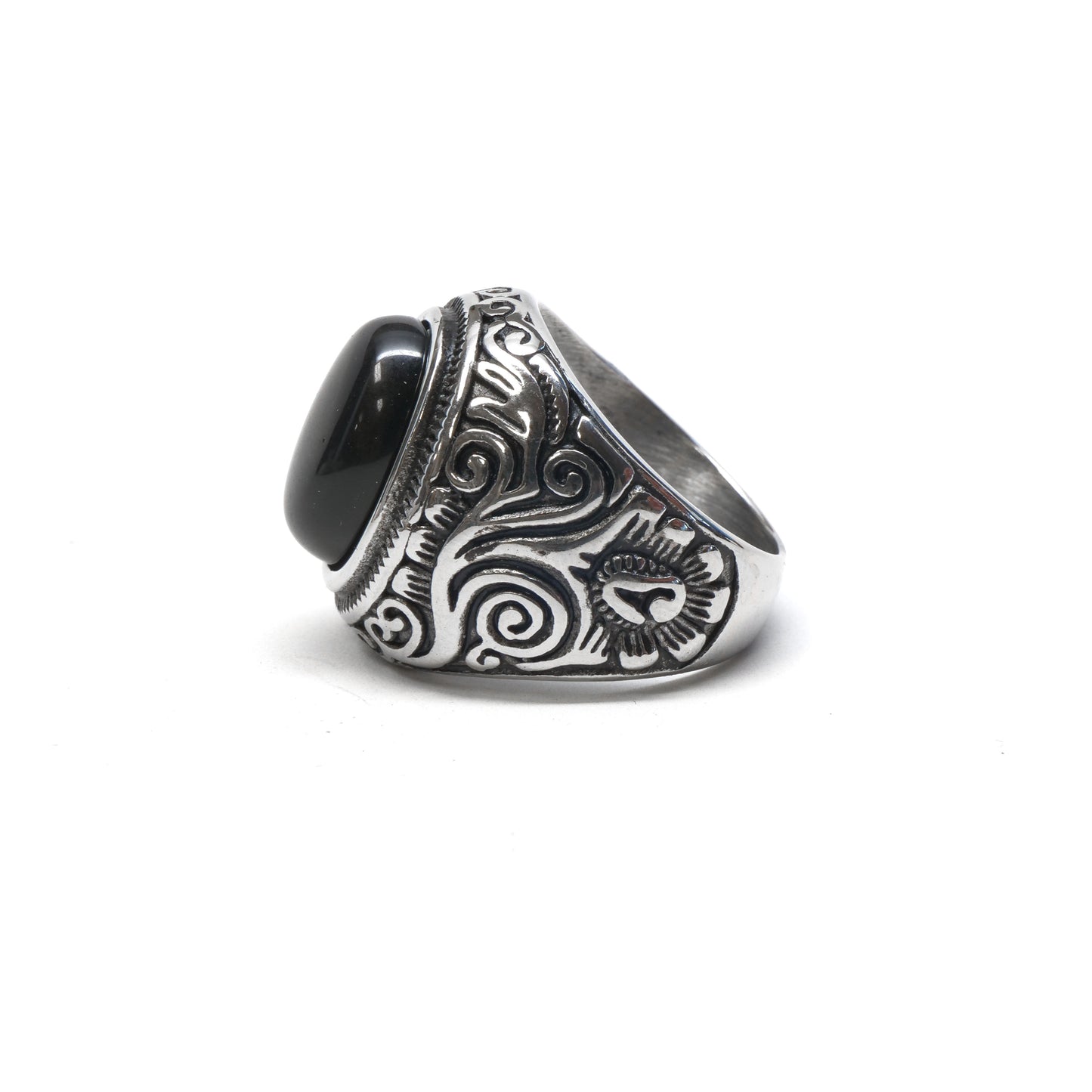 //Style 677S-S// 316L Stainless Engraved Black Onyx Ring