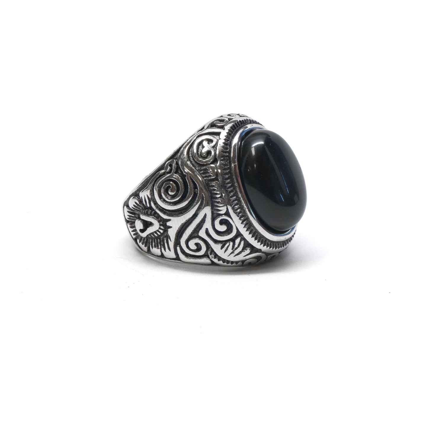 //Style 677S-S// 316L Stainless Engraved Black Onyx Ring